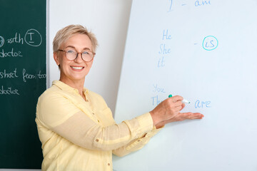 Female teacher writing English grammar on flipboard in classroom