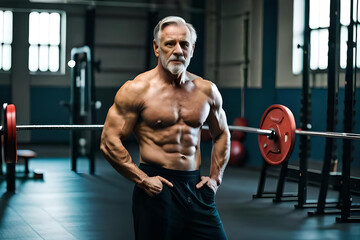 Fototapeta na wymiar A old man with a beard stands in a gym with a large white beard.