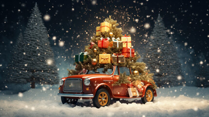 Christmas travel red car with boxes and gifts - obrazy, fototapety, plakaty