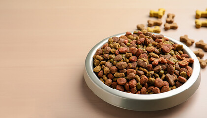 Dry dog food in feeding bowl on beige table. Space for text