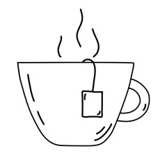 Cup with hot tea, tea bag label, steam over cup, doodle style flat vector outline for coloring book