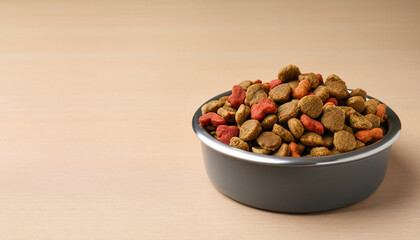 Dry dog food in feeding bowl on beige table. Space for text