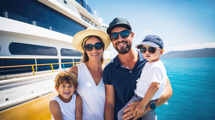 Family on a cruise ship, happy, tourism and vacation concept, sea and cruise ship background - obrazy, fototapety, plakaty