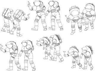 Space station satellite astronaut suit design vector illustration sketch