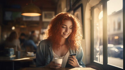 Vibrant Urban Lifestyle: Red-Haired Woman in Cozy Coffee Shop, Enjoying Tablet by Sunlit Windows, Embracing Technology and Modern Connectivity