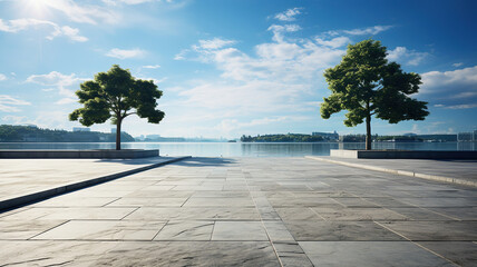 An empty square floor and lake scenery on a sunny day