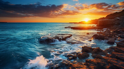 Fototapeta premium beautiful rainbow on sea at sunset sky wild field and flowers field nature landscape 