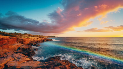beautiful rainbow on sea at  sunset sky  wild field and flowers  field nature landscape 