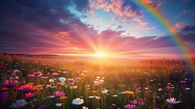 beautiful rainbow on sea at  sunset sky  wild field and flowers  field nature landscape 