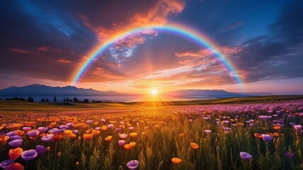 beautiful rainbow on sea at  sunset sky  wild field and flowers  field nature landscape  - 632773265