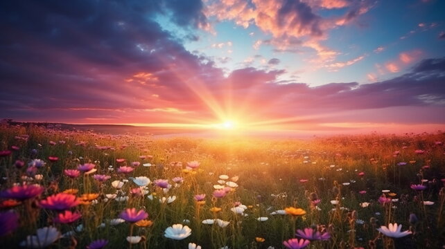 beautiful rainbow on sea at  sunset sky  wild field and flowers  field nature landscape 