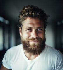 Portrait of a handsome Scandinavian man smiling  with fresh stylish hair and beard