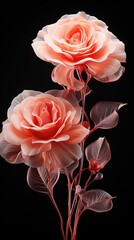 A close up of two pink roses on a stem. Digital image.