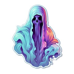 A sticker of a purple and blue ghost. Digital image.