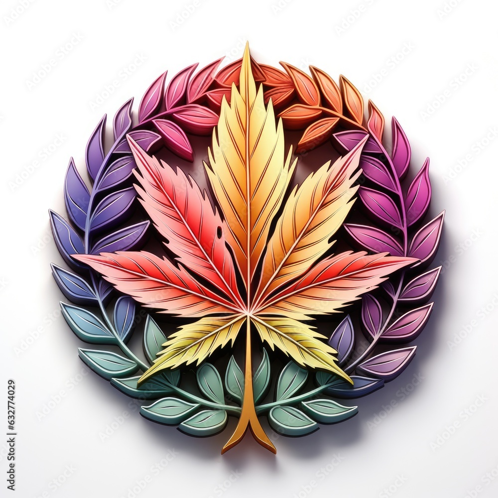 Poster a multicolored leaf in a circle of leaves. digital image. marijuana leaves, circular design element.