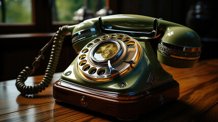 Vintage classic telephone positioned on a wooden table in the living room