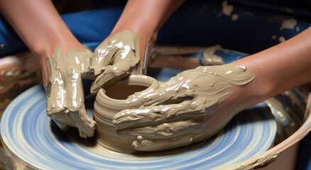 crafting of a clay pottery vase by hand by a man in high resolution