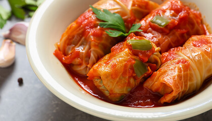 Delicious stuffed cabbage rolls cooked with homemade tomato sauce in bowl, closeup - obrazy, fototapety, plakaty