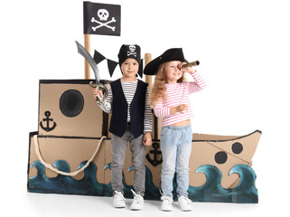 Cute little pirates playing with toys on white background