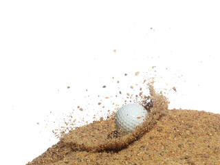Golf ball explode from sand bunker. Golfer hit ball with club to sand explosion to green. Golf club...