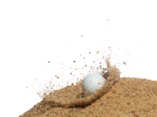 Golf ball explode from sand bunker. Golfer hit ball with club to sand explosion to green. Golf club hit ball in sand bunker explosion. White background isolated freeze motion