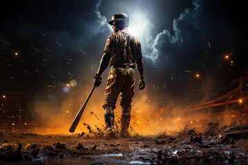 Photorealistic illustration of baseball player walking away with a bat, surrounded by sparks, smoke and mud. 
This image was created using AI generative technology.	