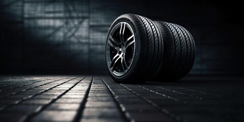 new car tires against dark background banner design. Auto parts. With copy space | Generative AI