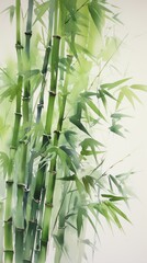 A painting of a bamboo tree with green leaves. Digital image.