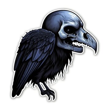 A sticker of a raven with a skull on its head. Digital image. Gothic skeleton raven.