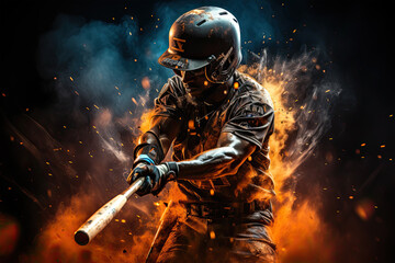 Photorealistic illustration of baseball player swinging a bat, surrounded by sparks and smoke. 
This image was created using AI generative technology.	