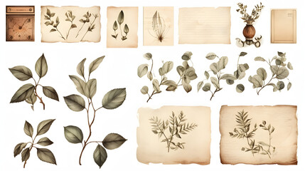 Collection of vintage element for scrapbooking. Set of retro envelope, postcard, open book with empty pages, coffee stain, dry leaf.
