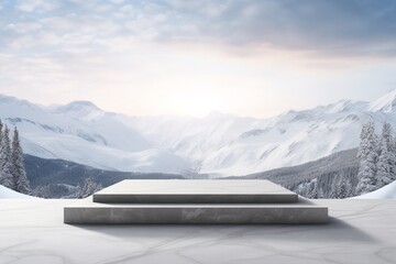 3d display product with geometric podium platform pedestal on winter snow mountains white scene