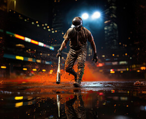 Photorealistic illustration of baseball player with a bat in a stadium, surrounded by sparks and smoke. This image was created using AI generative technology.	