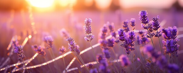Fototapeta na wymiar sunset in a field of lavender flowers landscape background