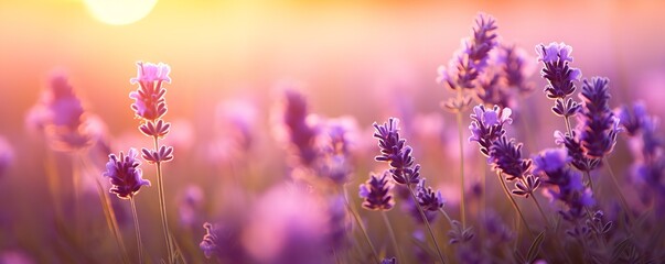 Obraz premium sunset in a field of lavender flowers landscape background