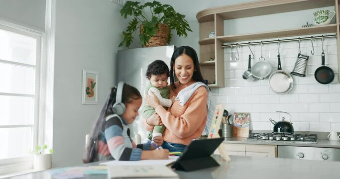 Home school help, mother and daughter with tablet, headphones and support in learning, education and family. Elearning, studying and busy mom with baby, child and homework in kitchen for online class