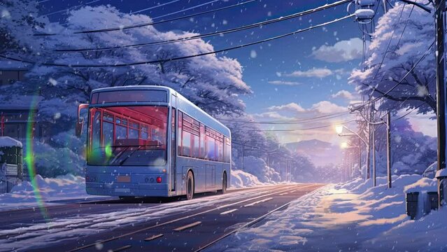 bus on the side of the road when it snows. Anime art style. Loop animation