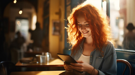 Vibrant Urban Lifestyle: Red-Haired Woman in Cozy Coffee Shop, Enjoying Tablet by Sunlit Windows, Embracing Technology and Modern Connectivity