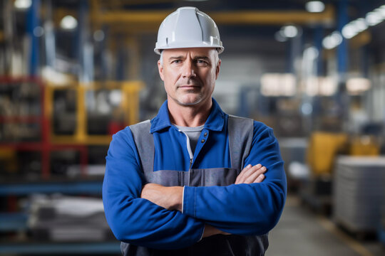 Working factory manager in blue uniform and white hard hat in his production warehouse posing for a portrait looking into the camera white male industry construction worker