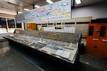 Control room. Large Industrial control panel inside factory or power plant
