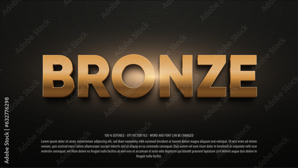 Wall mural bronze 3d style editable text effect, 3rd place editable vector