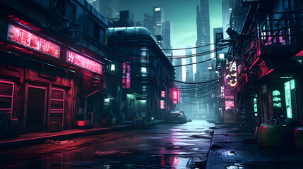 Dark street in cyberpunk city, gloomy alley with neon lighting 
