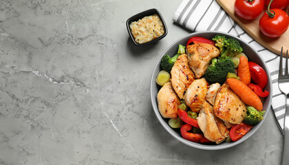 Delicious cooked chicken and vegetables on grey marble table, flat lay with space for text. Healthy meals from air fryer
