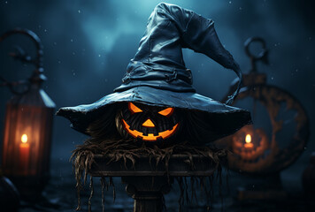 An orange pumpkin wearing a Halloween hat in farms and forest | Halloween night | Scary Witch hat 