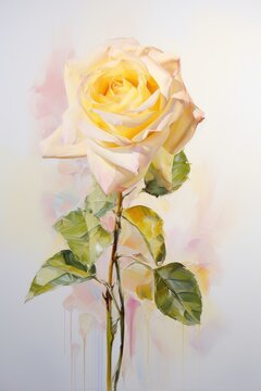 A painting of a yellow rose on a white background. Digital image.