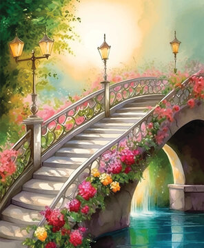Bridge Staircase with flowers watercolor paint