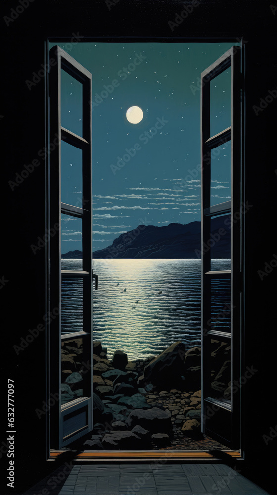 Poster an open window with a view of a body of water. digital image.