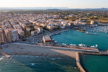 Aerial view of Benicarlo, city on Mediterranean Coast in coastal comarca Baix Maestrat, Province of Castelloncastellca, Spain.