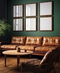 Wooden frame mockup in a dark green home interior with a brown leather sofa and decor, 3D render. Created with Generative AI technology