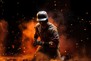 Photorealistic illustration of baseball player running, surrounded by sparks, fireworks and smoke. 
This image was created using AI generative technology.	